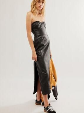 New Free People Mira Faux Leather Midi Dress $168 SIZE 10 Black Vegan Strapless